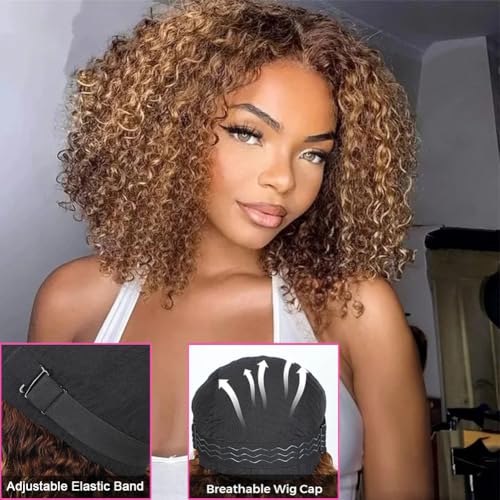 14 inch Kinkycurly Wear and Go Glueless Wig Ombre Highlight 4/27 Wigs Pre Cut Transparent Lace Wig human hair Pre Plucked,Natural Hairline for Women 200% Density