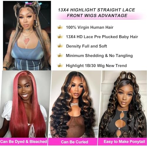Ombre Lace Front Wig Human Hair 20 Inch 180% Density FB/30 13x4 Full Frontal Hd Transparent Lace Straight Lace Front Wig Human Hair Colored Wigs For Black Women Frontal Highlight Wig Human Hair