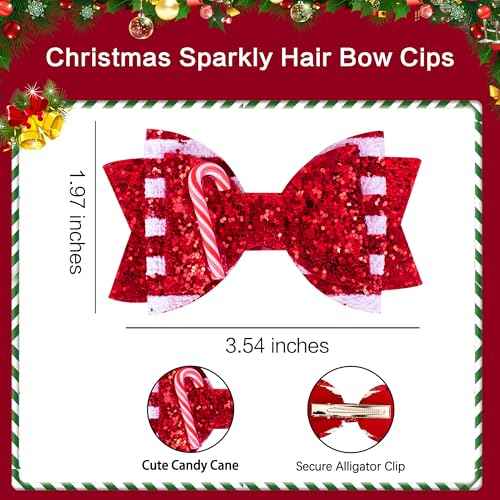 Christmas Candy Cane Hair Bows for Girls, Beleki Gliter Hair Clips Handmade Metal Alligator Clip Candy Cane Hair Accessory for XMAS Christmas Stocking Stuffers - Red