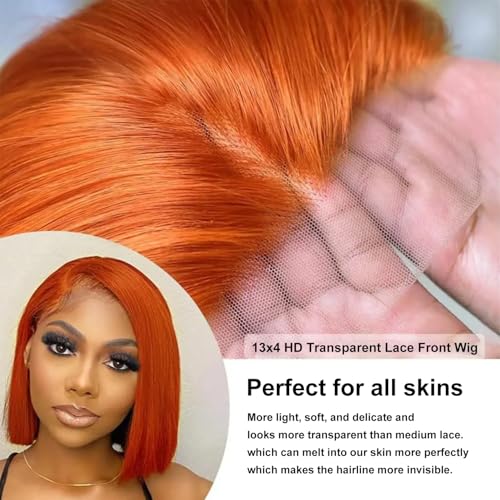 250% Density Ginger Bob Wig Human Hair Real 13x4 Frontal Orange Ginger HD Lace Short Straight Bob Wigs Pre Plucked with Baby Hair Straight Short Wigs For Women 10 Inch