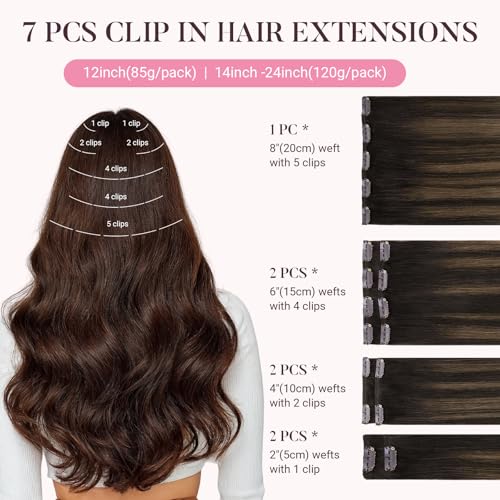 MAXITA Hair Extensions Clip in Human Hair, 120g 7pcs 16 Inch, Balayage Dark Brown Mixed Chestnut Brown Hair Extensions Real Human Hair Remy Natural Straight Hair for Woman