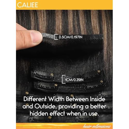 Caliee Seamless Yaki Straight Clip in Hair Extensions Human Hair 22 Inch Natural Black Mixed Chestnut Brown Seamless Yaki Straight Clip ins for Women Invisible PU Weft 115G 8 PCS Soft