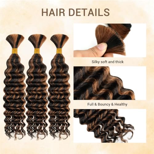 Human Braiding Hair for Boho Knotless Braids Deep Wave Bulk Human Hair 10A Brazilian Virgin Human Bohemian Hair for Braiding Wet and Wavy 3 Bundle 16 Inches 120g Balayage Black to Brown 1BP30