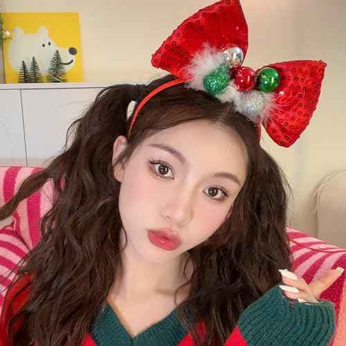 Christmas Headbands for Women, Christmas Ball Headband Red Bow Hair Hoops Sequin Design Cute Hair Bands Holiday Hair Decorations for Christmas Party Costume Props Hair Accessories (1Pcs)
