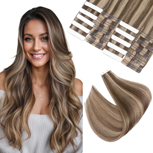 Elailite Tape in Hair Extensions Human Hair Thick Real Remy Hairpieces Medium Brown & Dark Blonde 20 Inch 50g 20pcs Straight Invisible Seamless Skin Weft Best Tape for Women
