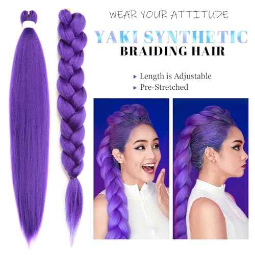 Purple Hair Extensions for Braids - 30 Inch Pre-Stretched Synthetic Braiding Hair for Halloween Cosplay Rumi Costumes Hair (purple, 30 Inch (Pack of 4))