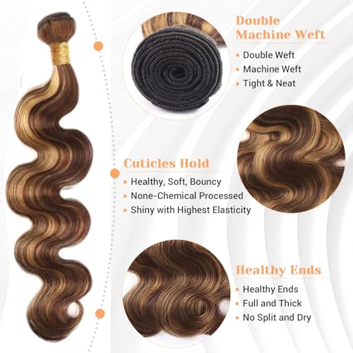 Ombre Human Hair Bundles P4/27 Body Wave Bundles Human Hair Highlight Brown 3 Bundles 10 12 14 Inches 100% Unprocessed Brazilian Virgin Weave Human Hair Extensions