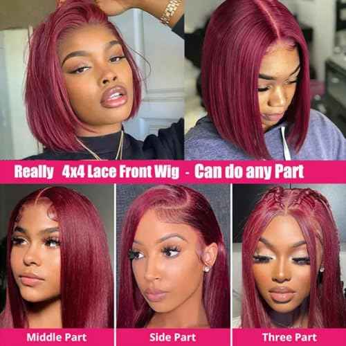 Burgundy Bob Wig - Glueless, Pre-Plucked 150% Straight 4x4 Lace Front Wig, 12 Inch