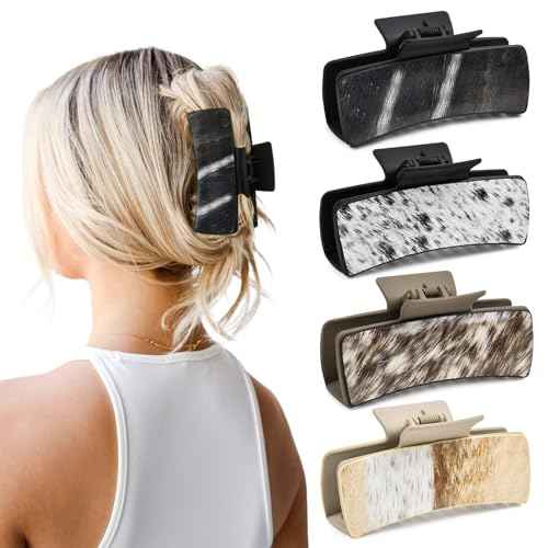 DEEKA 4 Pack Large Western Hair Clips Artificial Leather Cowhide Pattern Hair Claw Clips 4" Cowgirl Black Brown Hair Clips Set for Thick Hair Western Accessories Gifts for Women and Girls