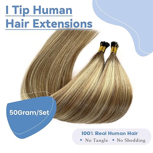 24Inch I Tip Human Hair Extensions Balayage Ash Blonde to Platinum Blonde Highlight Pre Bonded Hair Extensions Ombre Balayage 50 Strands 50G Keratin Stick Tip Remy Hair
