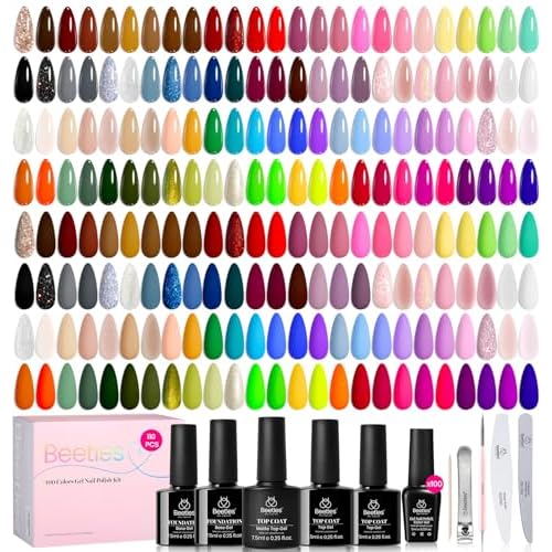Beetles 110 PCS Gel Nail Polish Set, 100 Colors Infinite Inspiration All Season Red Brown Green Black Gel Polish with 5Pcs Base Top Coat Soak off UV Gel for Manicure Lovers DIY at Home Gifts for Women