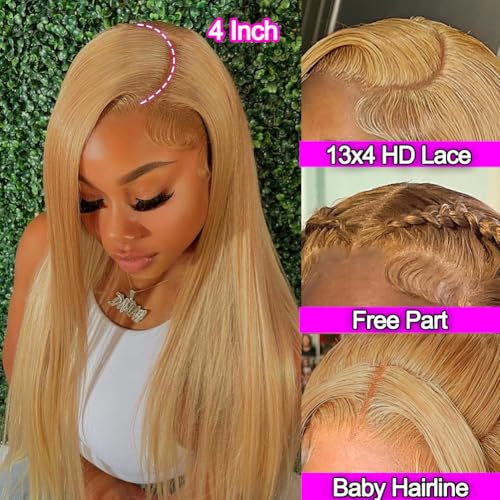 Blonde Lace Front Wigs Human Hair Straight 13x4 HD Lace Wigs Human Hair for Black Women with 180 Density 18 Inch Long Bob 27# Color