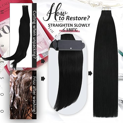 Moresoo Tape in Hair Extensions Human Hair #1 Jet Black Hair Tape in Human Hair Extensions Invisible Glue in Extensions Real Hair Straight 40 Pieces 100g 20 Inch