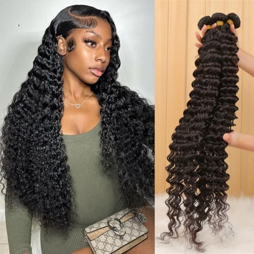 Deep Wave Human Hair Bundles 16 18 20 Inch Brazilian Hair Deep wave 100% Unprocessed Virgin Remy Hair Deep Curly Bundles Human Hair Double Weft Natural Color for Black Women