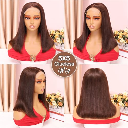 Wear and Go Glueless Bob Wig Human Hair 200% Density 5x5 HD Lace Closure Wigs For Black Women Glueless 5x5 Closure Wigs Human Hair Pre Plucked Bob Brown Color 14 Inch