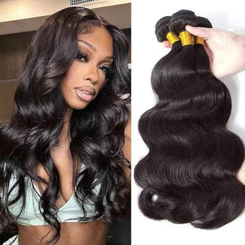 Body Wave Bundles Human Hair Long Brazilian Virgin Body Wave Natural Black Color Can Be Dyed and Styled 3 Weave Bundles Total 300g 20 22 24 Inch