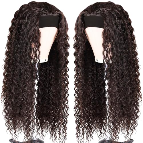 Headband Wig Human Hair Deep Wave Half Wigs Glueless None Lace Front Wigs with Headband Attached Brazilian Human Hair Headband Wigs Glueless Curly Hair for Black Women(22 Inch, Chocolate Brown)