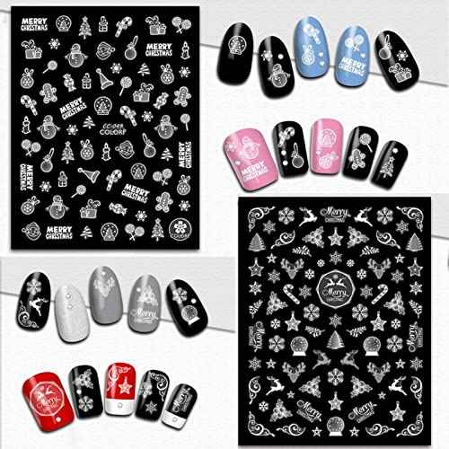 TailaiMei Christmas Nail Art Stickers Decals, Self-Adhesive White Nail Decorations Design for Santa Claus Snowflake Snowman (800 Pcs, 9Sheets)