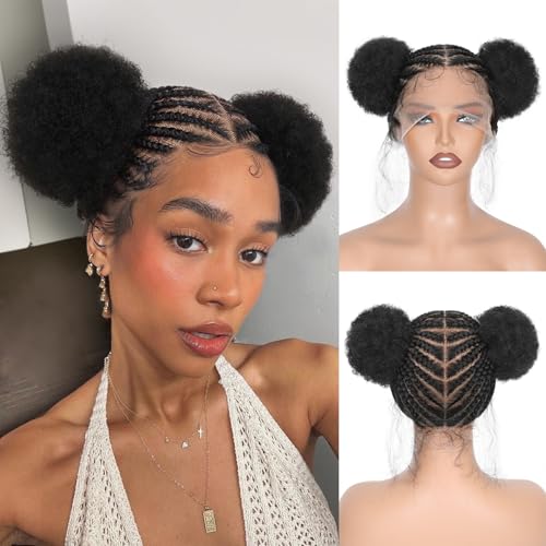 FAVE Cornrow Wig with Afro Puff Real HD Full Lace Cornrow Braided Wigs for Black Women Afro Wig with Baby Hair Braided Wig for Daily Use