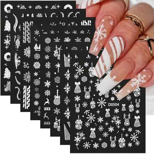 Snowflake Nail Art Stickers - 8 Sheets Christmas & Winter Designs with Silver Glitter Elk Bells