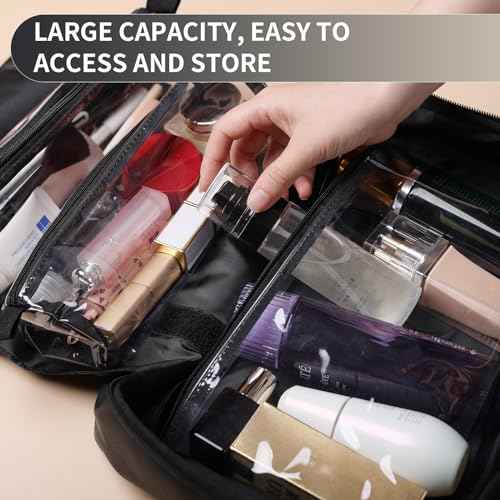 Solenna Black Travel Toiletry Bag for Women Men, Large Waterproof Leather Makeup Cosmetic Bag with 2 Removable Clear Bags, Portable Hanging Make Up Bag Bathroom Shower Toiletries Travel Organizer