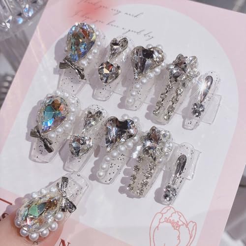 Luxury Press on Nails Coffin Medium Fake Nails Luxury Rhinestones 3D Charm Acrylic Nails Press ons Handmade Glue on Nails Glossy Stick on Nails for Women 24 Pcs
