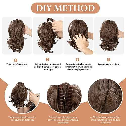 CJL HAIR Claw Clip Short Ponytail Hair Extensions DIY Bendable Metals Messy Bun Hair Piece for Wonen Wavy Curly Synthetic Fake Hairpieces Gloden Blonde and Beach Blonde Tips