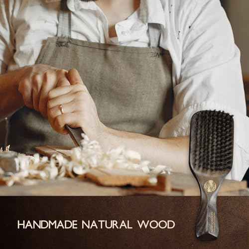 Boar Bristle Brush for Shine and Texture - Stiff Bristles for Medium Hair/Beards, Cleaning Brush Included