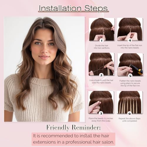 SEGO Nano Bead Hair Extensions Human Hair, 1g/s 50g/pack 20 Inch Nano Ring Hair Extensions, Highlight, Add Volume and Length, Nano Tip Hair Extensions for Women Medium Brown