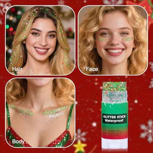 Christmas Hair Glitter Stick,Green Red Face Body Glitter for Kids,Waterproof Christmas Outfits for Women, Stocking Stuffers Sparkling Festival Party Gift for Women Girls,Chunky Glitter Makeup