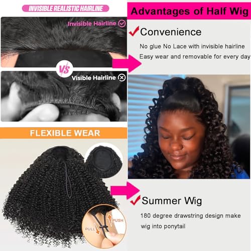 Half Wig Human Hair Deep Wave 3 In 1 Half Wigs for Black Women 200% Density Wear and Go Glueless Wigs Human Hair Drawstring Ponytail Seamless Flip Over No Lace Headband Wig Beginner Friendly 16 Inch