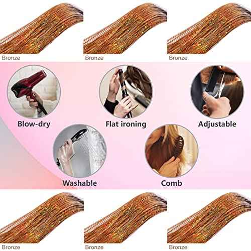 Brown Hair Tinsel Kit with Tools and Instruction Easy to Use 1200 Strands 48 Inches Glitter Tinsel Hair Extensions for Women and Girls, Sparkling Shinny Fairy Hair Accessories for Christmas New Year Halloween Cosplay Party