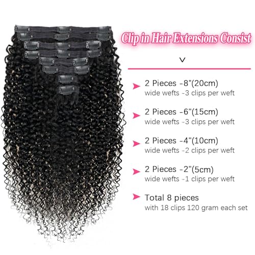 3C 4A Kinky Curly Clip in Hair Extensions Human Hair for Black Women - 8Pcs 18Clips Double Weft Brazilian Remy Human Hair Thick to Ends 120G/4.2oz Natural Black (22 inch)