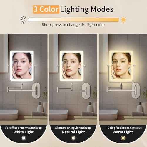 Wall Mounted Lighted Makeup Mirror, 1X/20X Magnifying 5000mAh Rechargeable Make Up Mirror with 3 Color Lights, Touch Dimmable, 360 Rotation Wall Mount Mirror Swing Arm with Tweezer and Adapter
