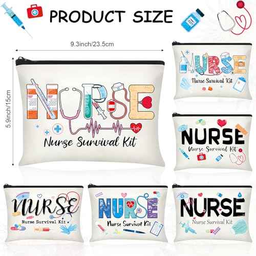 Photect 6 Pieces Nurse Makeup Bags Nurse Canvas Cosmetic Bag Survival Kit Travel Pouch Bag Gift for Women Girls Nurses School Practitioner Supplies(Beige)