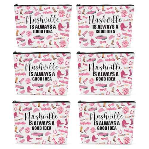 6PCS Nashville Travel Makeup Bag Nashville Themed Girls Trip Gifts Favors Nashville Travel Lover Gifts for Women Her Travel Cosmetic Bag for Holiday Trip Vacation
