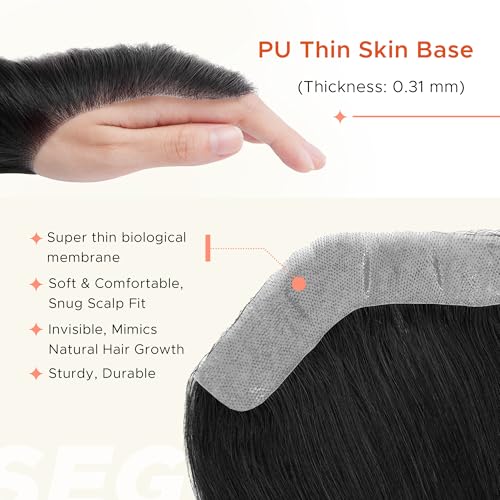 SEGO Men's Hairline Toupee 100% Human Hair Forehead Hairpiece V-Shape 1.57"x7" PU Thin Skin Base Natural Hairline Replacement£¨Hair:6" Long-#1 Jet Black