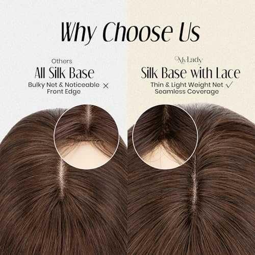 MY-LADY Human Hair Toppers for Women Real Human Hair with Bangs Thin 7 * 13CM Silk Base with Lace Clip in Straight Remy Hairpieces 150% Density 10 Inch Dark Brown