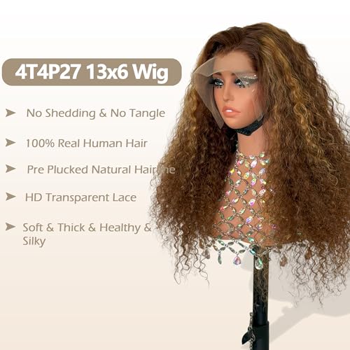Highlight Ombre Deep Curly Lace Front Wigs Human Hair Pre Plucked 180% Density Honey Blonde Jerry Curly Wig Human Hair 13x6 HD Transparent Lace Frontal Wigs Human Hair for Women 20Inch
