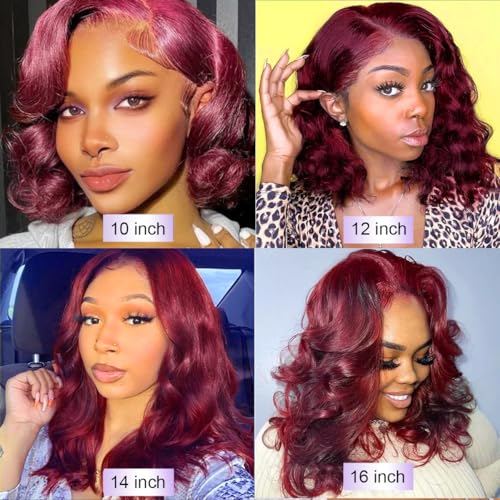 13x6 99j Burgundy Lace Front Wigs Human Hair Bob Wigs For Black Women Bob Wig Human Hair 200% Density 99j 13x6 Hd Transparent Lace Front Body Wave Wig 12 Inch