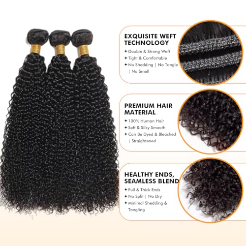 Kinky Curly Bundles Human Hair 18 20 22 Inch Human Hair Bundle 100% Unprocessed Brazilian Virgin Hair 3 Bundles for Black Women Weave Extensions Natural Black