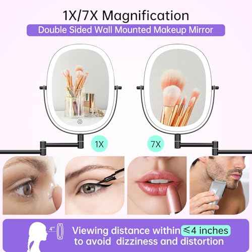 FUNTOUCH Rechargeable Wall Mounted Lighted Makeup Vanity Mirror, Double Sided 1X/7X Magnification, 3 Dimmable Light Settings, Extension Arm, Oval Frame, Ideal for Makeup
