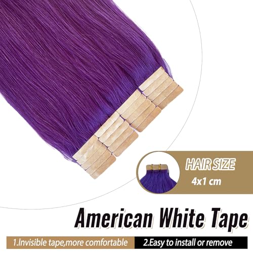 Tape in Hair Extensions Human Hair Double Sided Purple Colored Tape in Hair Extensions Real Human Hair Invisible Long Straight Skin Weft Tape ins Human Hair for Women 70g 20pcs 24"