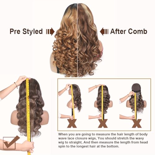 1B/30 Lace Front Wigs Human Hair Highlight Ombre 5x5 Pre Cut Lace Frontal Wig Human Hair Dark Root to Brown 5x5 HD Lace Closure Wigs Glueless Bouncy Body Wave Lace Frontal Wigs 180 Density 16 Inch