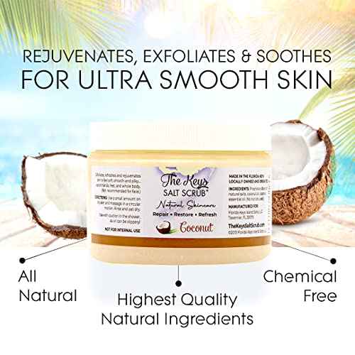The Keys Salt Scrub -Sea Salt Scrub - Exfoliating Body Scrub with Wooden Spoon - Moisturizing Exfoliator for Hands, Foot, Bath, (12 Ounce (Pack of 1), Coconut)