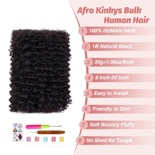 Afro Kinkys Bulk Human Hair for Braid Braiding Mini Twist Locs Dreadlock Extensions Afro Kinky-Curly Human Braiding Hair Bundles For Men Women Kids 14 Inch 4 Bulk 120g 1B Natural Black Easy to Install