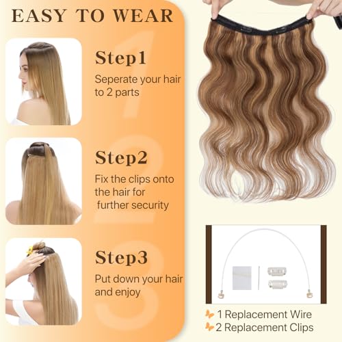 Halo Hair Extensions 14 Inch, 100% Real Human Hair, No Tangle & Smooth, Invisible Wire Extensions for Women, 60g, Wavy Curly #Wavy Medium Brown Mixed Dark Blonde