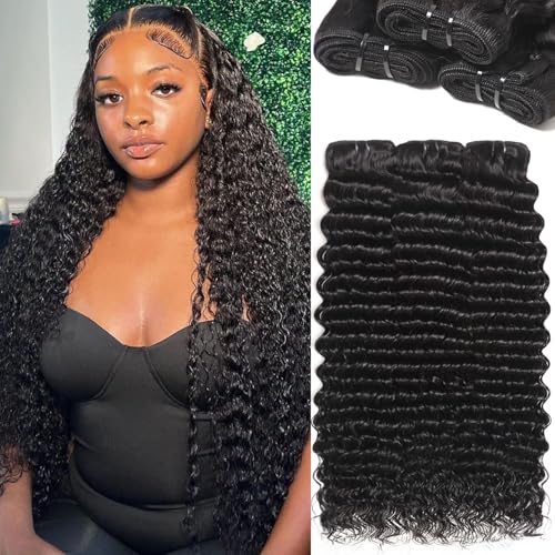 12A 3Bundles Human Hair 14 16 18 lnch Deep Wave Bundles Human Hair 100% Unprocessed Virgin Deep Curly Bundles Extensions Natural Black