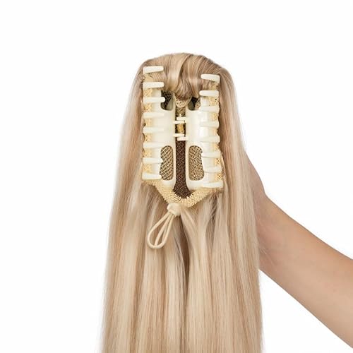 TESS Human Hair Claw Clip Ponytail Extension Real Remy Hair long ponytail extension for Women Straight, 16 Inch, Flax Yellow Mixed Light Gold