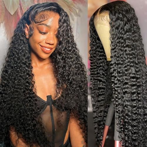 Nakkia 26 Inch Deep Wave Lace Front Wigs Human Hair 13x6 HD Transparent Lace Frontal Wig 180% Density Deep Curly Wet and Wavy Human Hair Pre Plucked Glueless Wigs for Women Natural Color